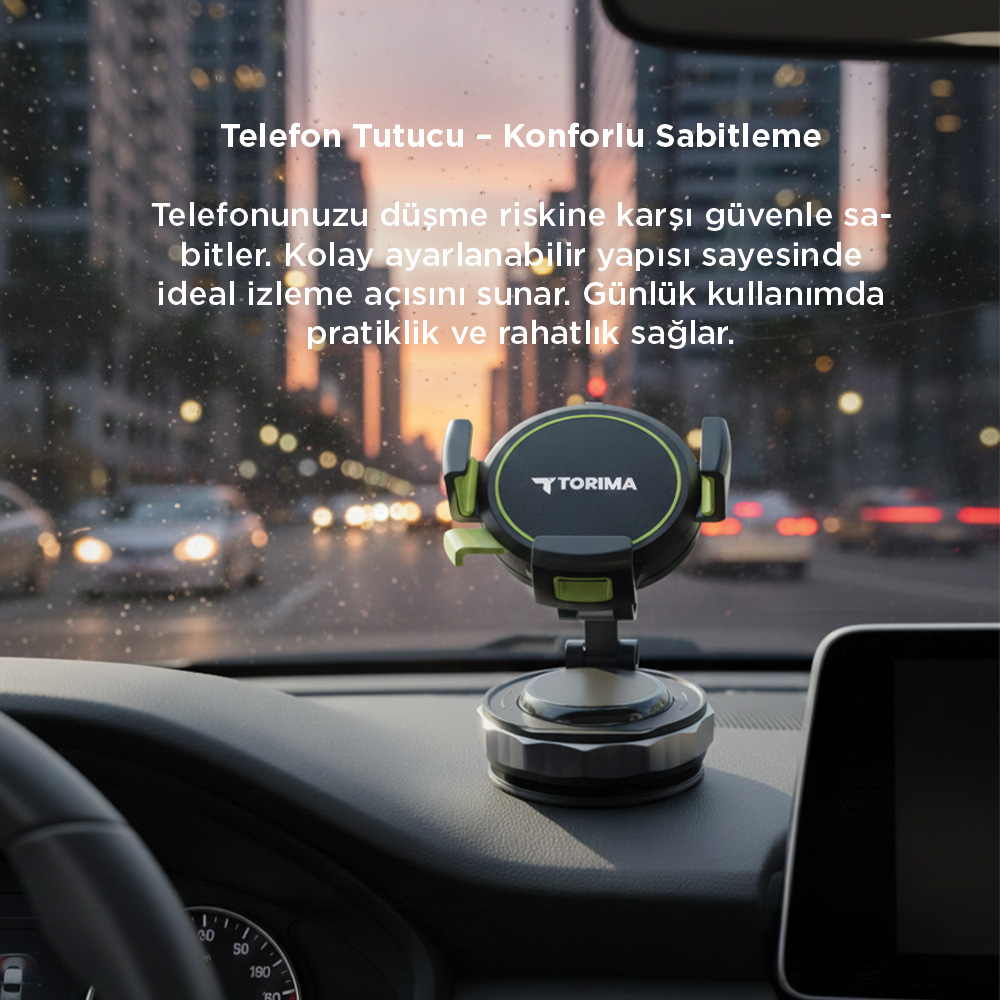 Torima logolu siyah ve yeşil araç telefonu tutucu gösterge panelinde.