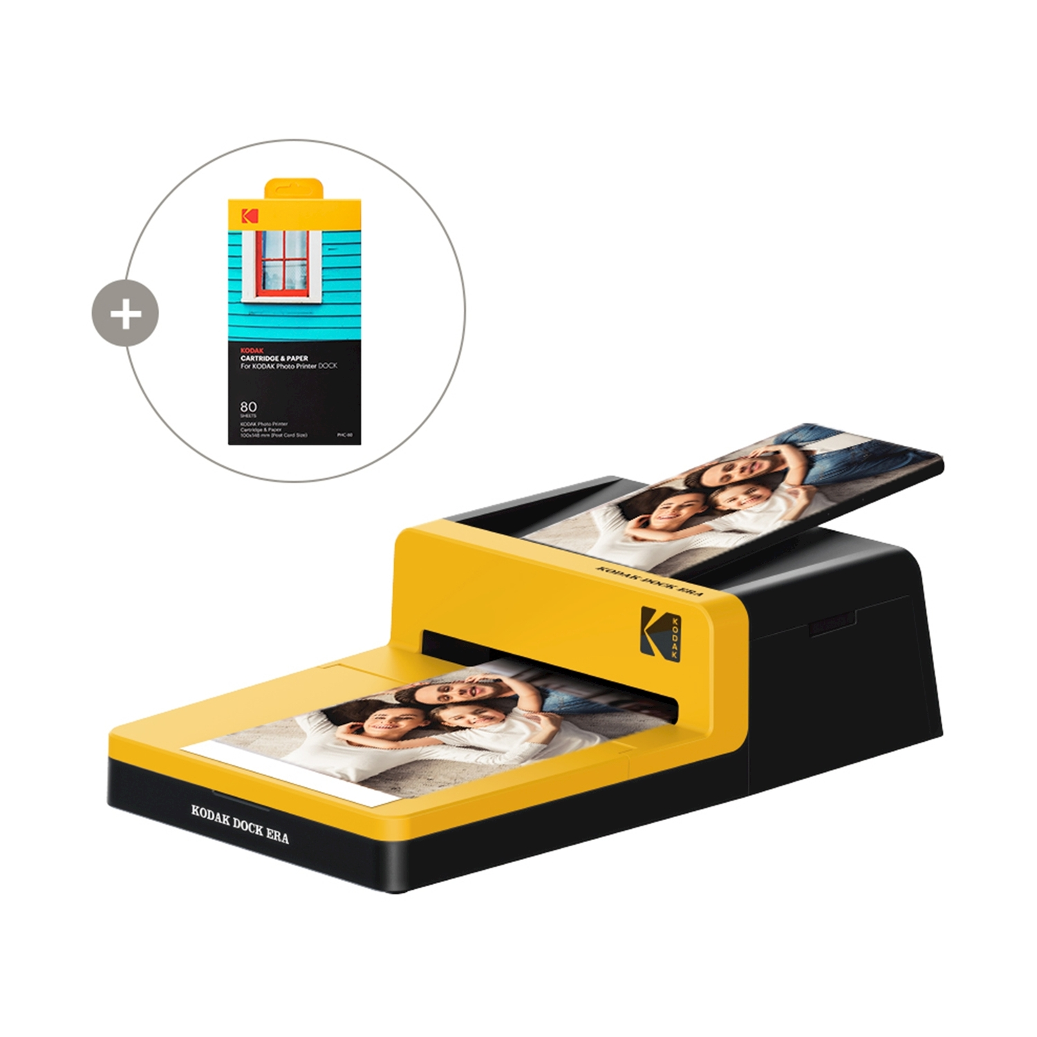 Stampante fotografica Kodak gialla con foto di famiglia davanti e pacco cartucce.