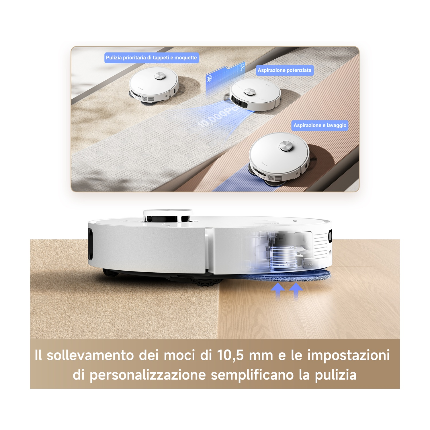 Un robot aspirapolvere bianco solleva il mocio per passare dal tappeto al pavimento duro.