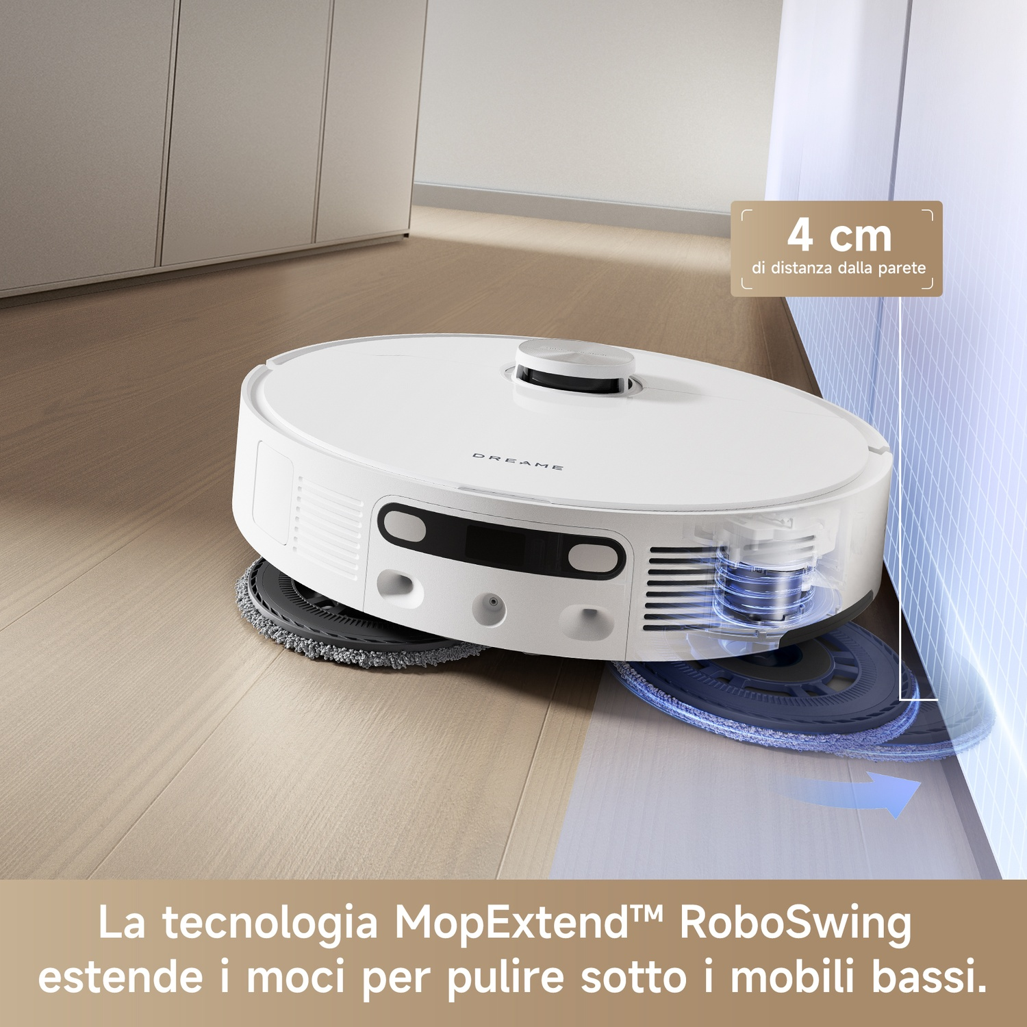 Un robot aspirapolvere bianco con mop estensibili pulisce vicino a un muro.