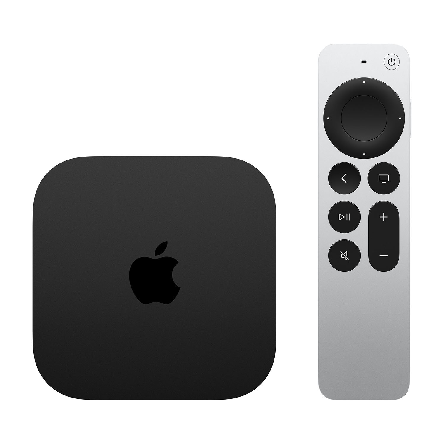 Apple TV nero e telecomando argentato uno accanto all'altro su sfondo bianco.