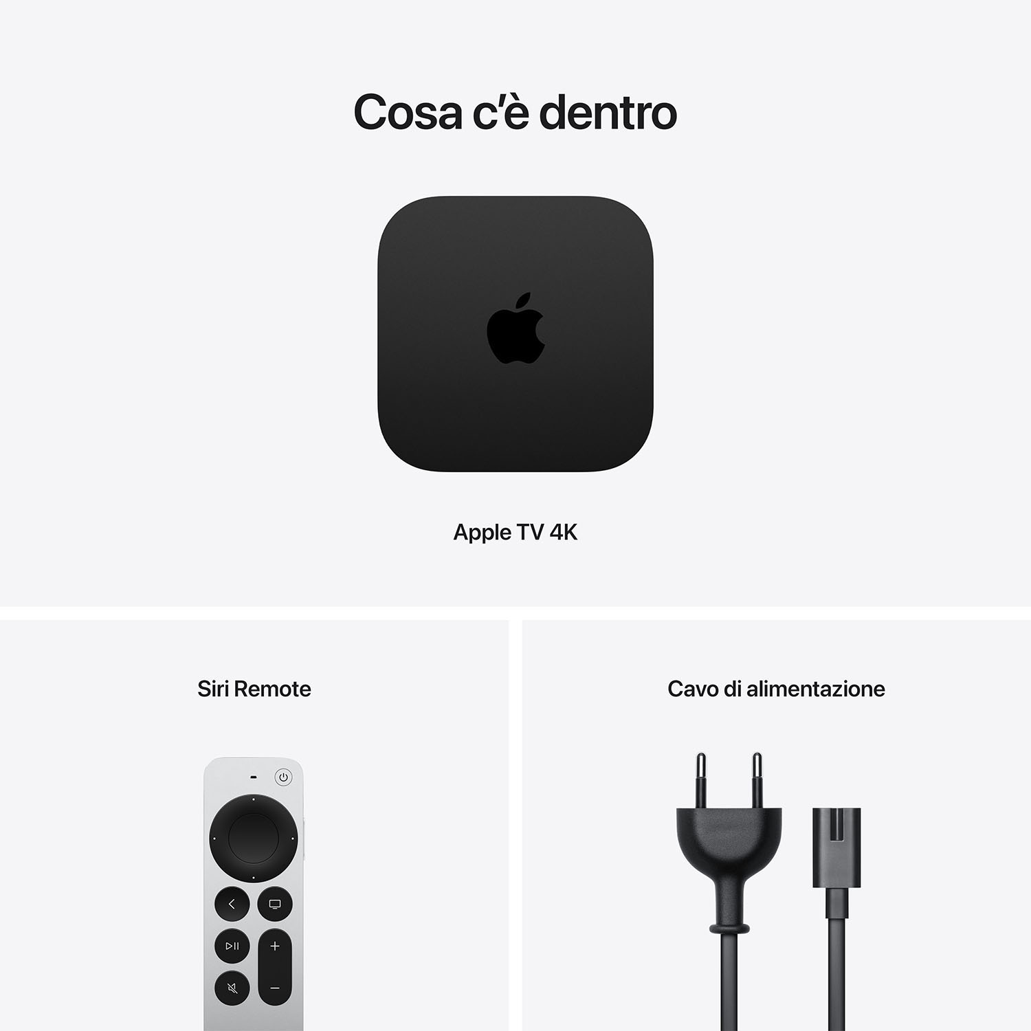 Apple TV 4K, Siri Remote e cavo di alimentazione su sfondo bianco.