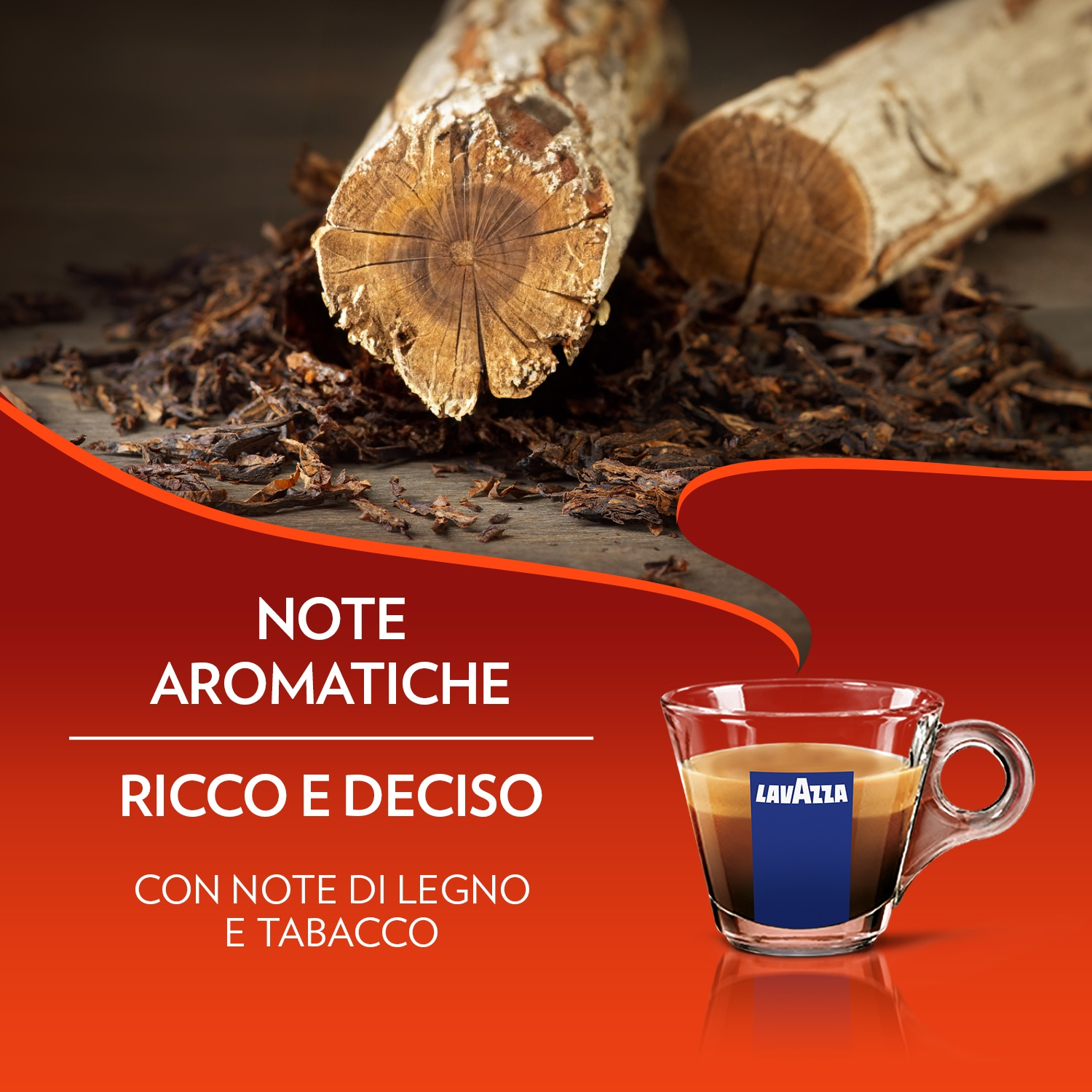 Pezzi di legno e tabacco accanto a una tazza di caffè Lavazza.