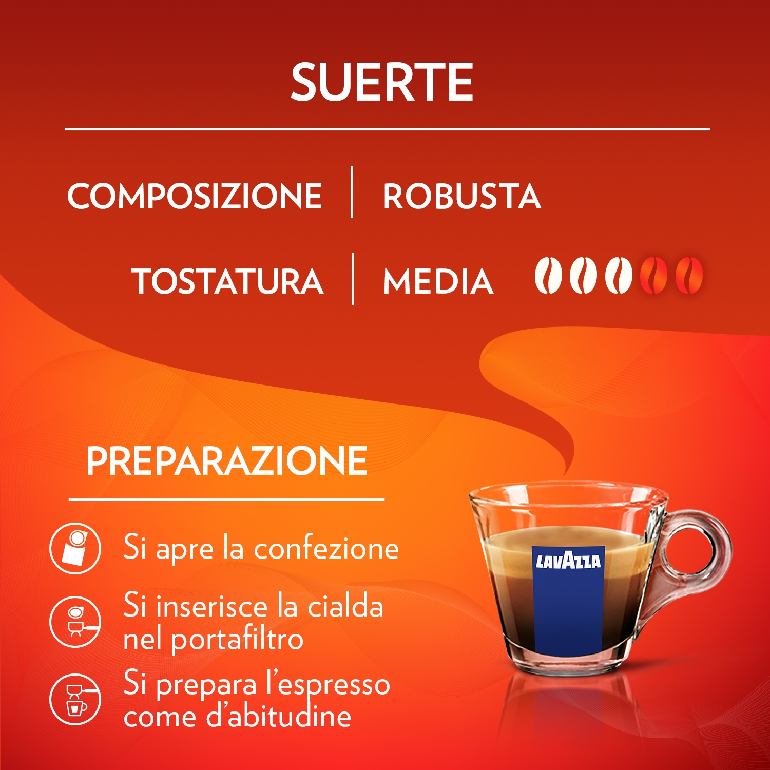 Espresso Lavazza: miscela Robusta, tostata media, passaggi preparazione.