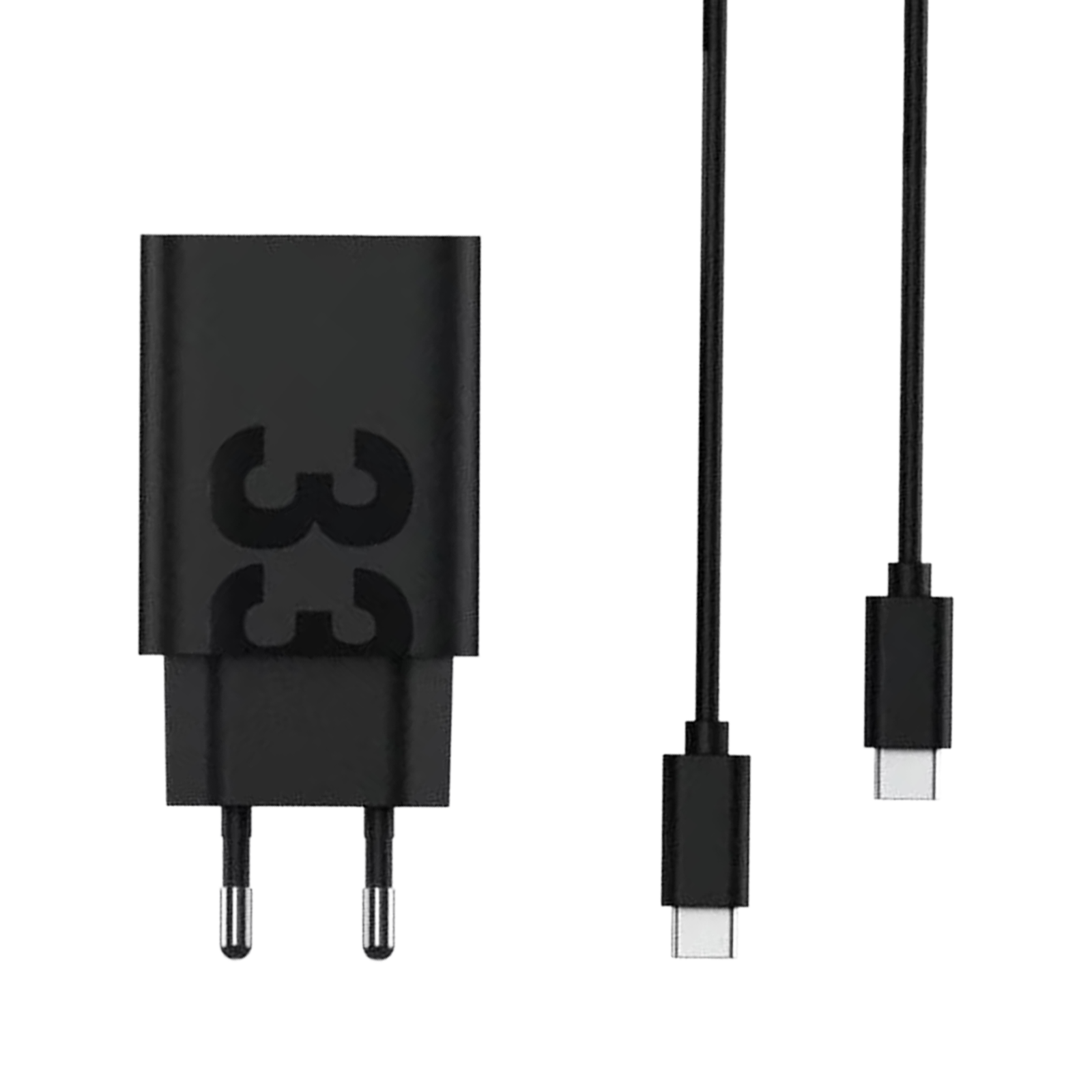 Prise chargeur noire avec logo 33 et deux câbles USB-C.