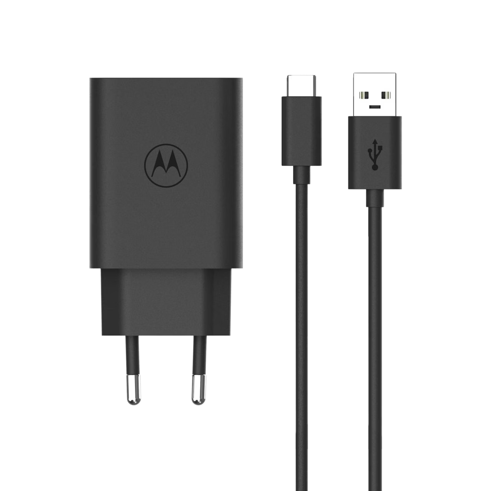Chargeur Motorola noir avec câble USB-C et USB-A sur fond blanc.