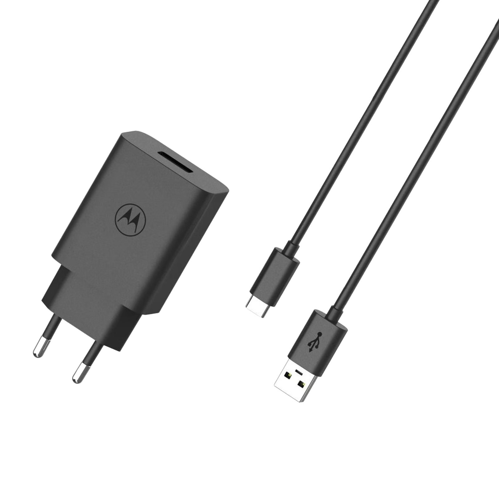 Un chargeur Motorola noir avec un câble USB-C sur fond blanc.