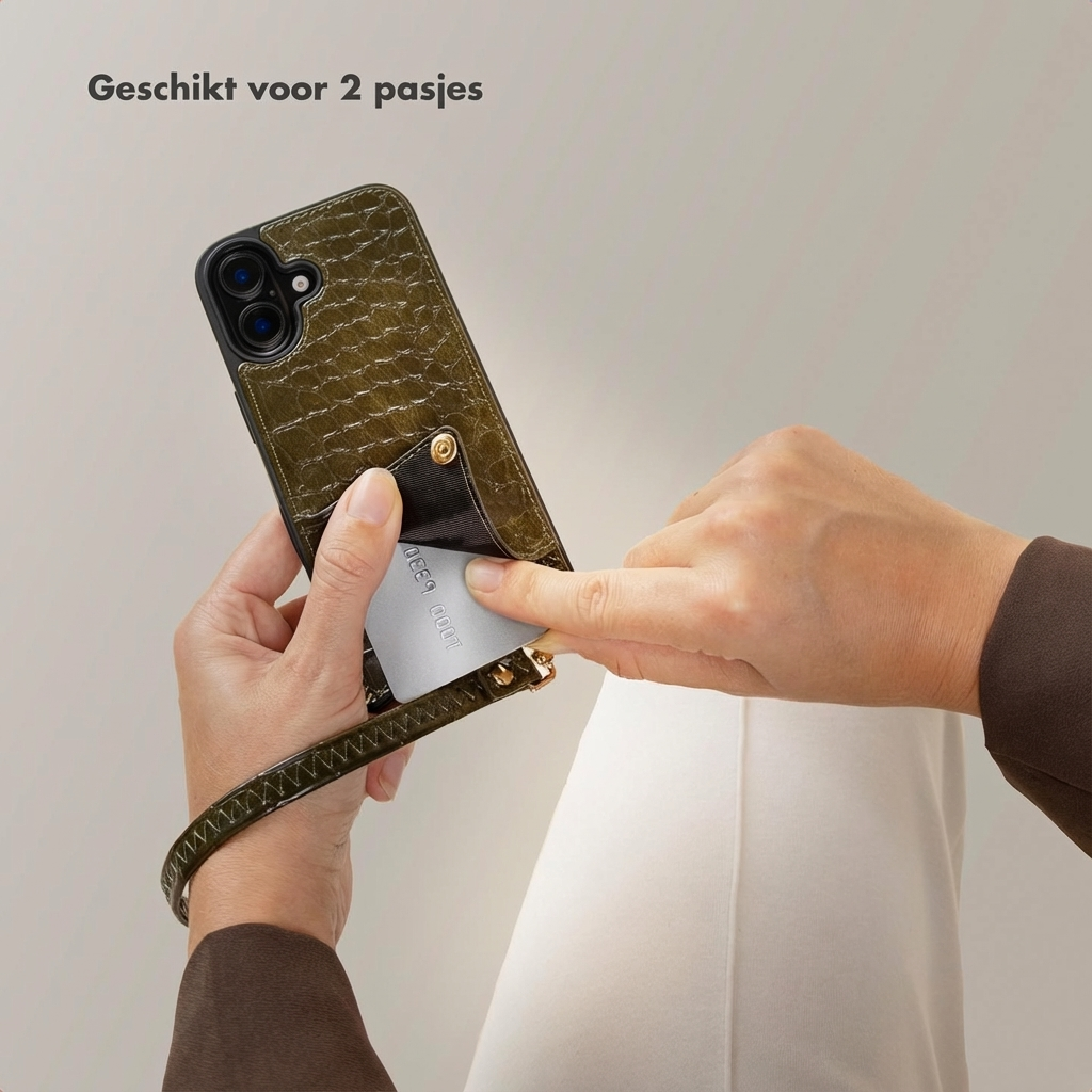 Een hand steekt een kaart in een groene krokodillenprint telefoonhoes met band.