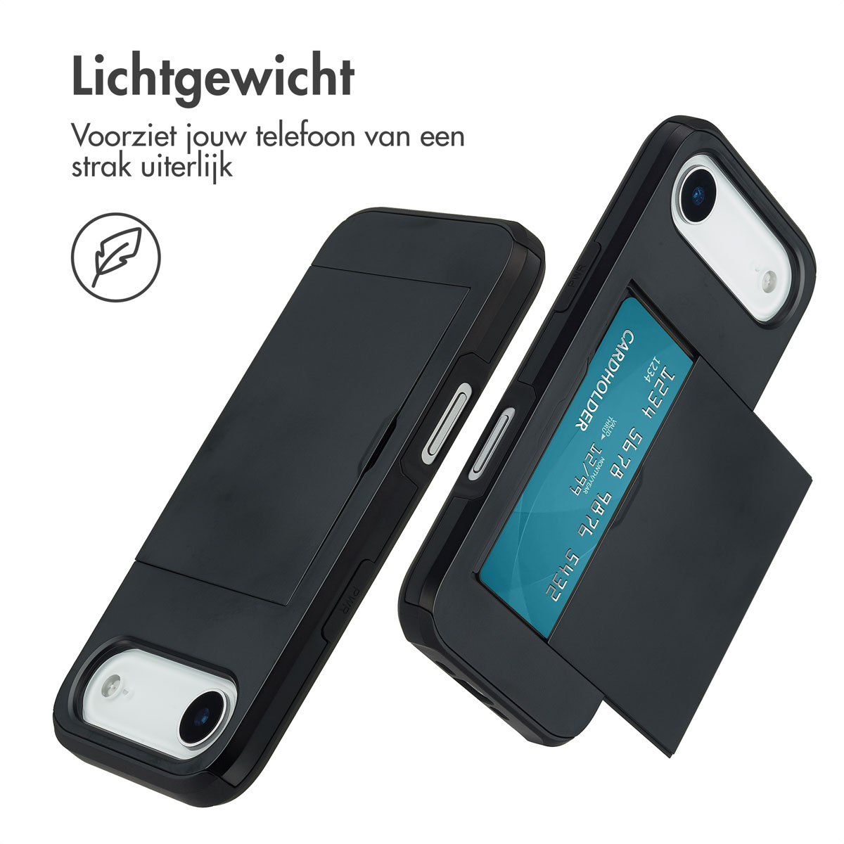 Coques de téléphone noires avec fentes pour cartes, une avec une carte insérée.