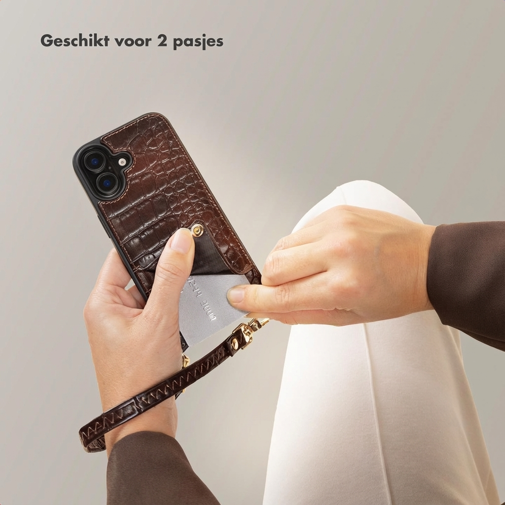 Bruine krokodillenleren telefoonhoes met kaarthouder. Handen plaatsen kaart erin.