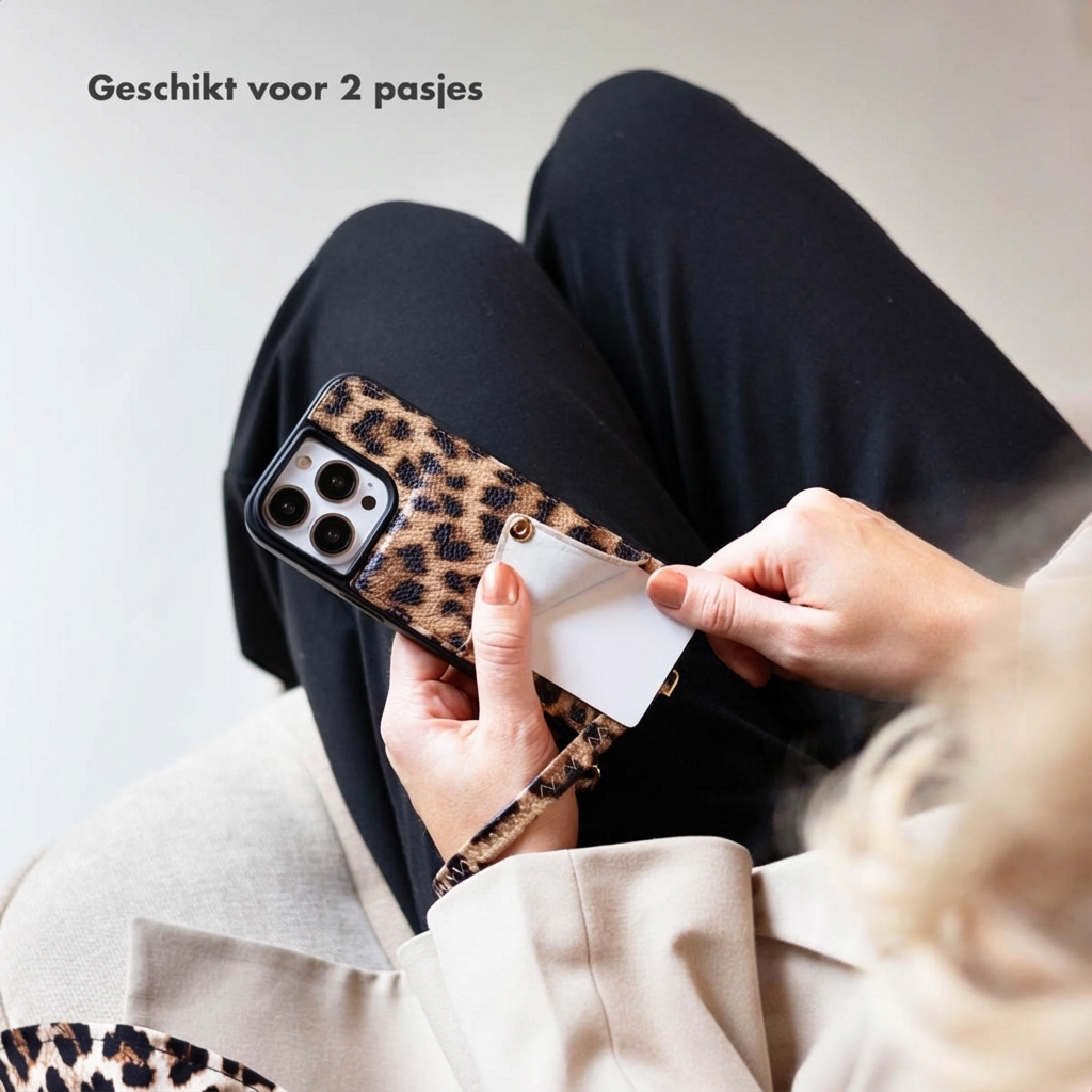 Vrouw met telefoonhoesje met luipaardprint voegt kaart toe.