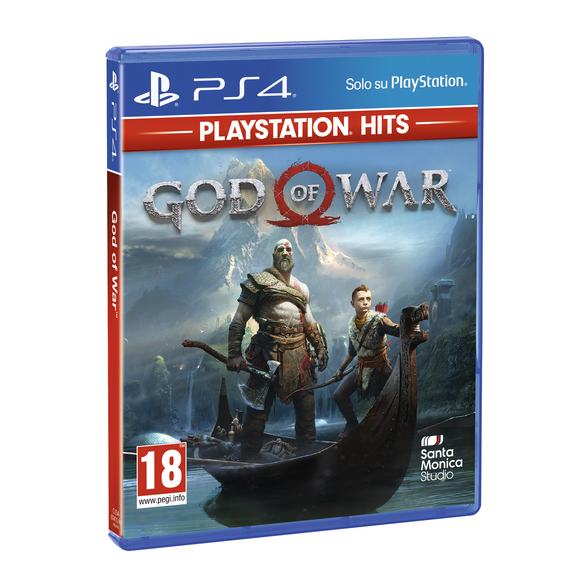 Okładka God of War PS4: Kratos i Atreus w łodzi na tle mglistych gór.