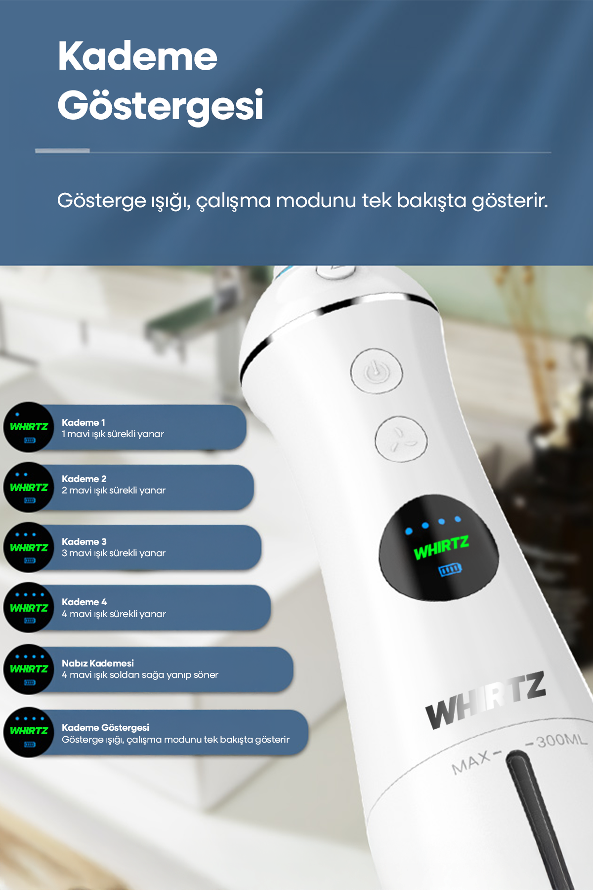 Seviyeleri gösteren mavi ışıklı beyaz elektrikli diş fırçası.