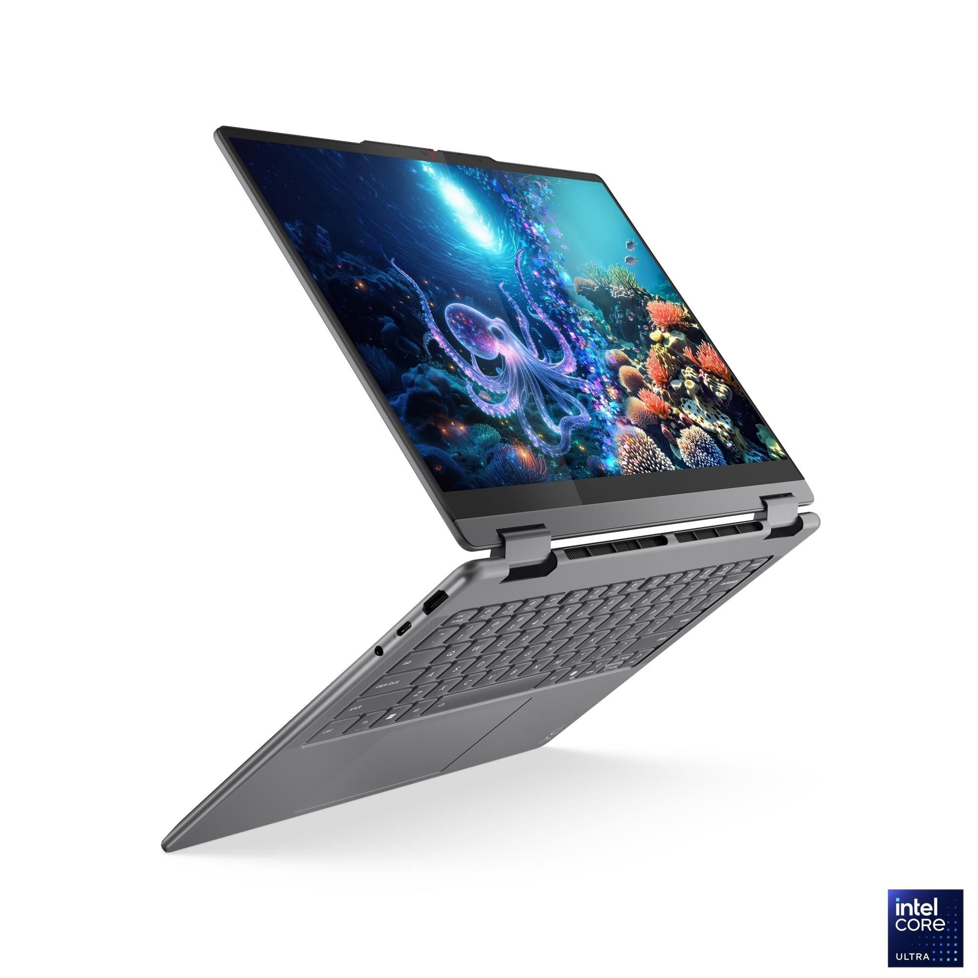 Laptop grigio con scena subacquea, polpo e coralli sullo schermo.
