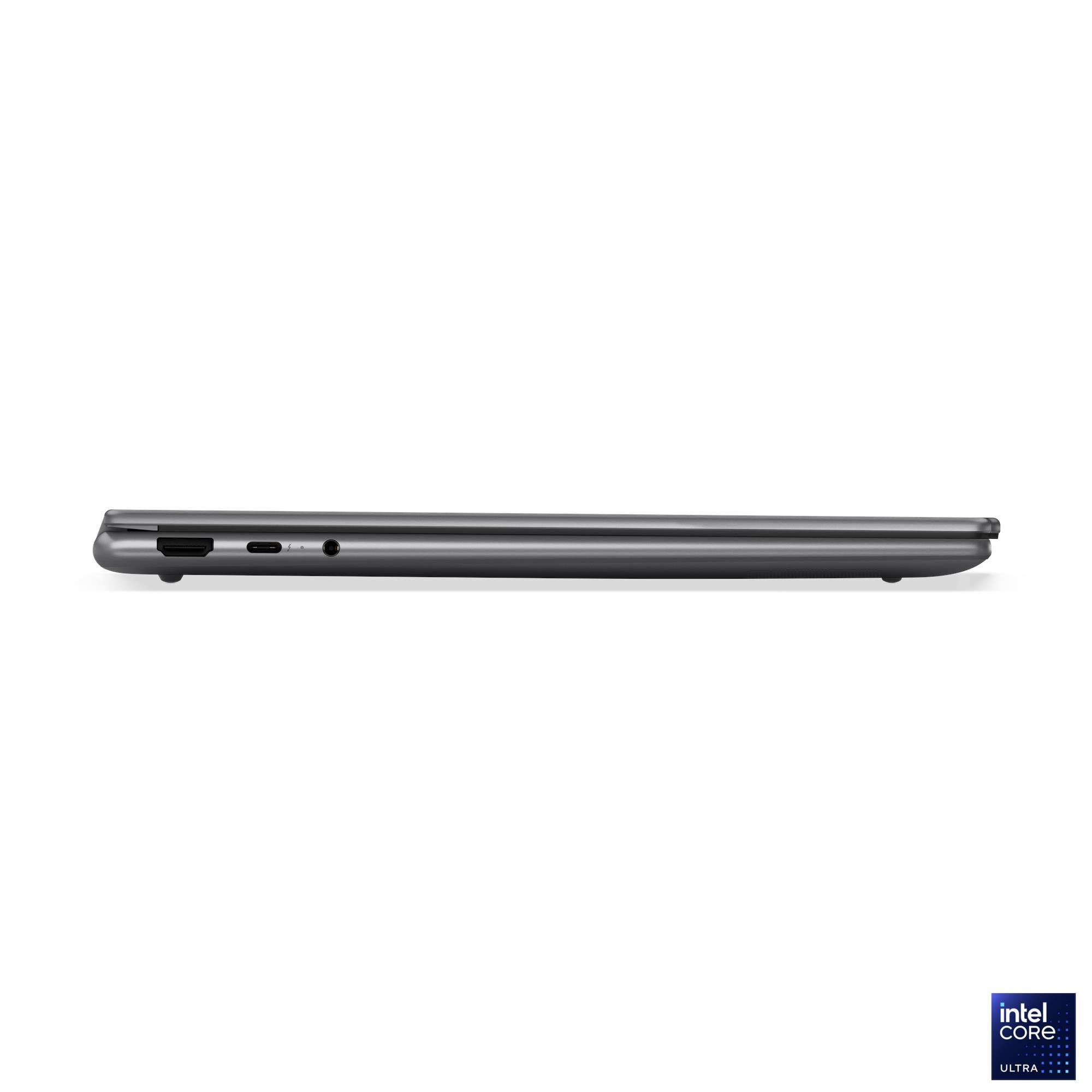 Profilo laptop grigio con porte sul lato sinistro. Logo Intel Core Ultra.