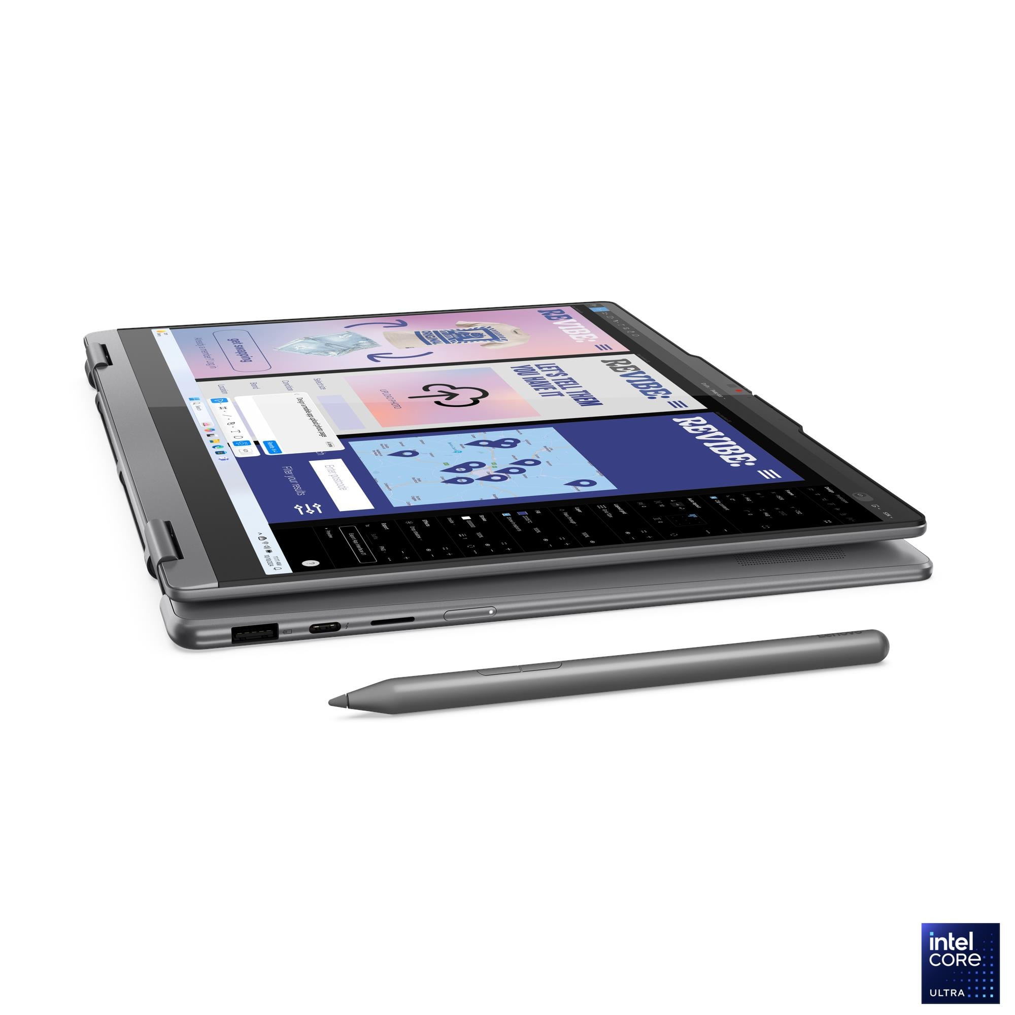 Un laptop convertibile grigio con stilo poggia su una superficie bianca.