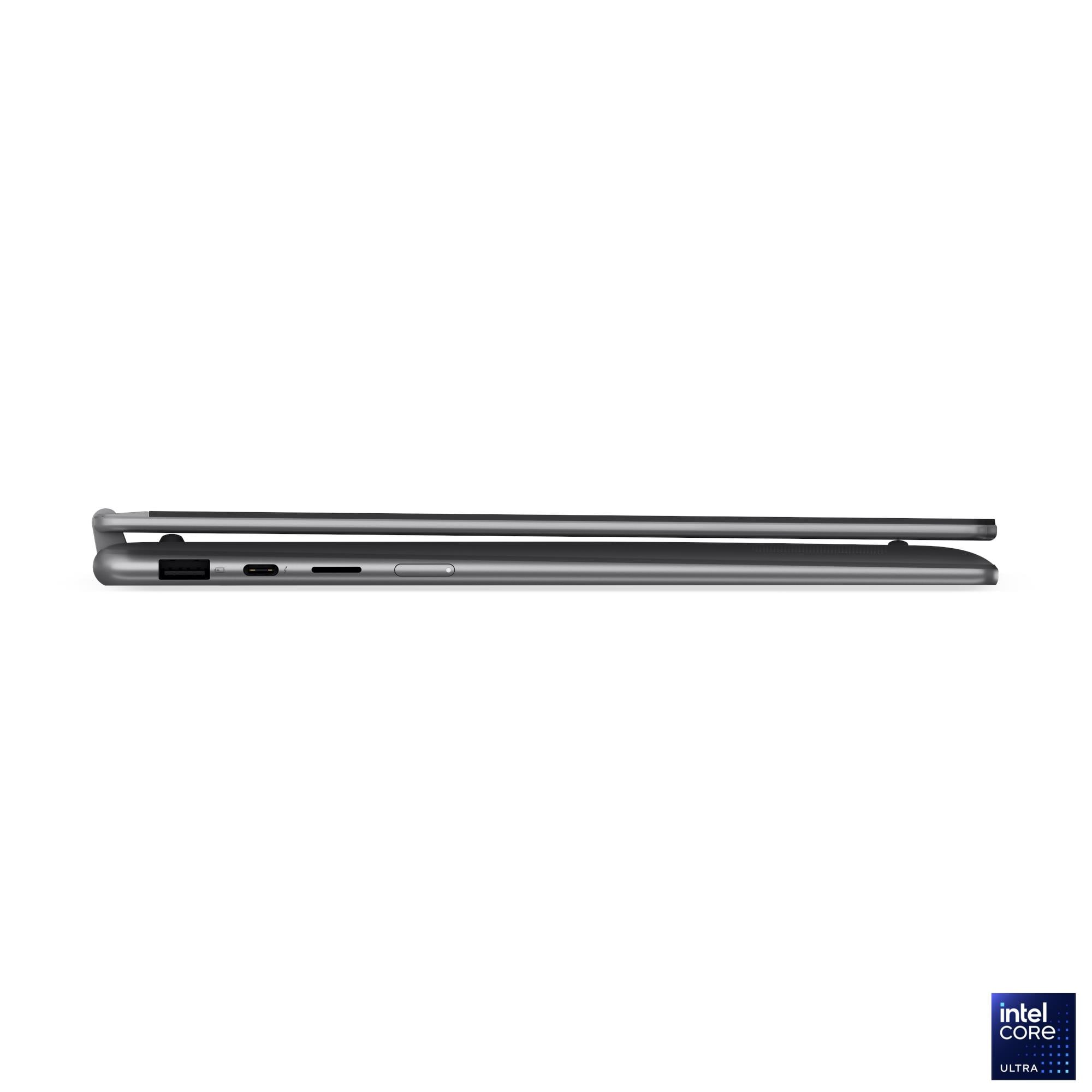 Profilo laptop sottile grigio argento con porte e logo Intel Core Ultra.