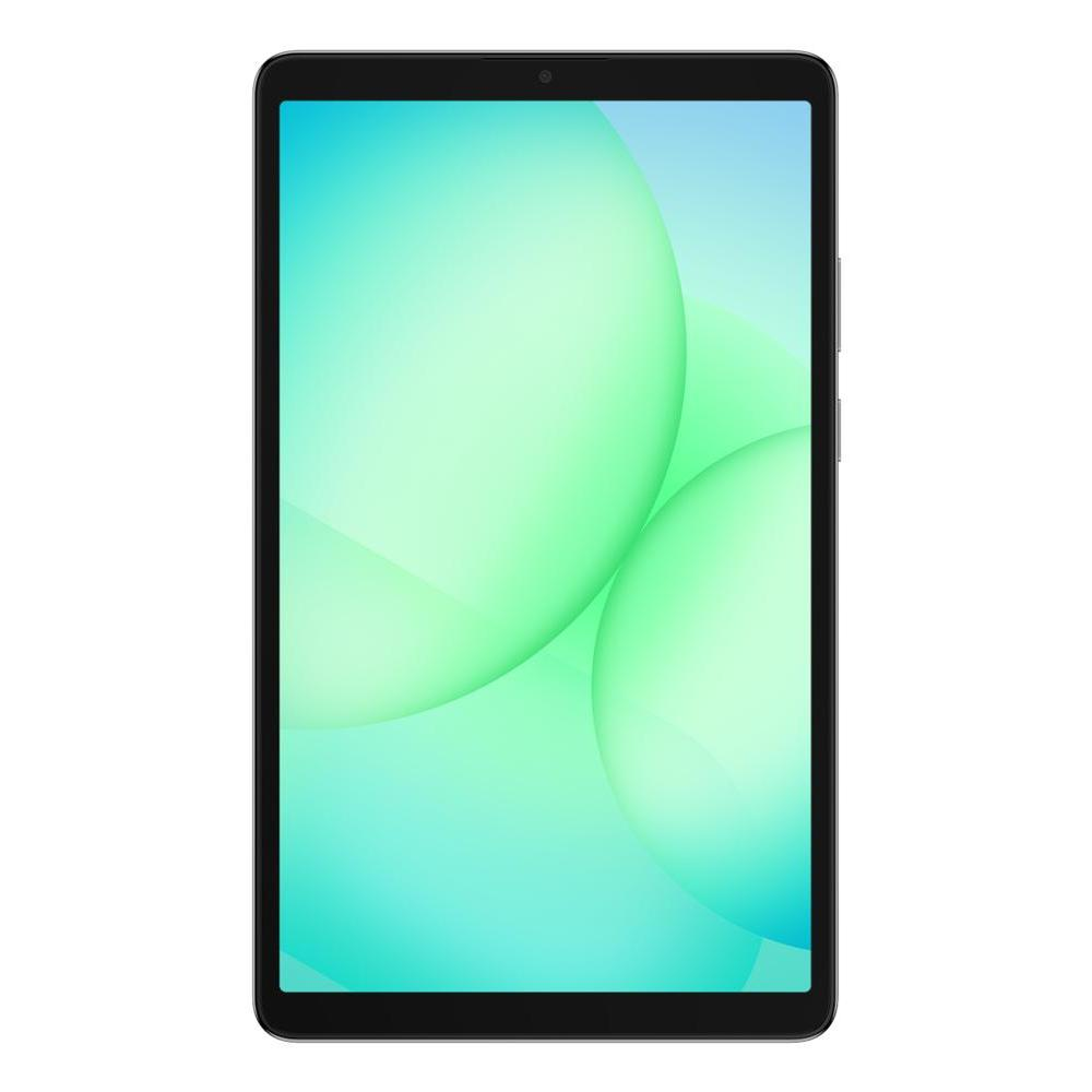 Un tablet nero con sfondo verde e turchese.