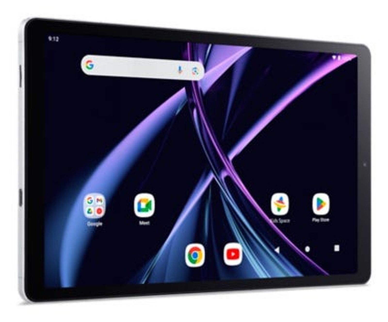 Un tablet argentato con schermo scuro e linee astratte viola.