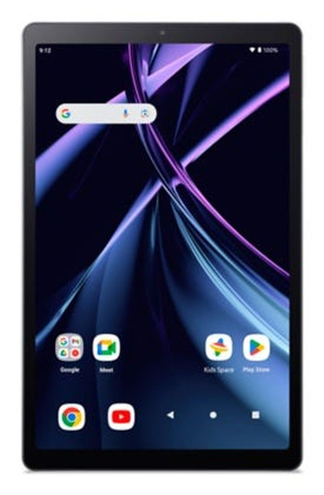 Un tablet con sfondo scuro e strisce colorate. Visibili la barra di ricerca Google e le icone delle app.
