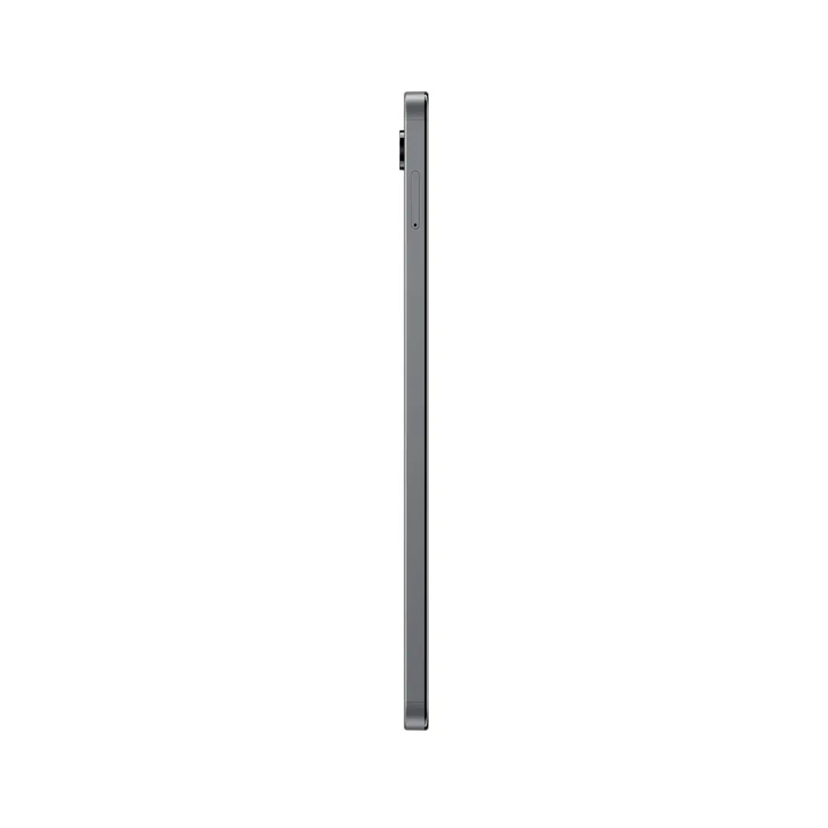 Un tablet grigio visto di lato su sfondo bianco.