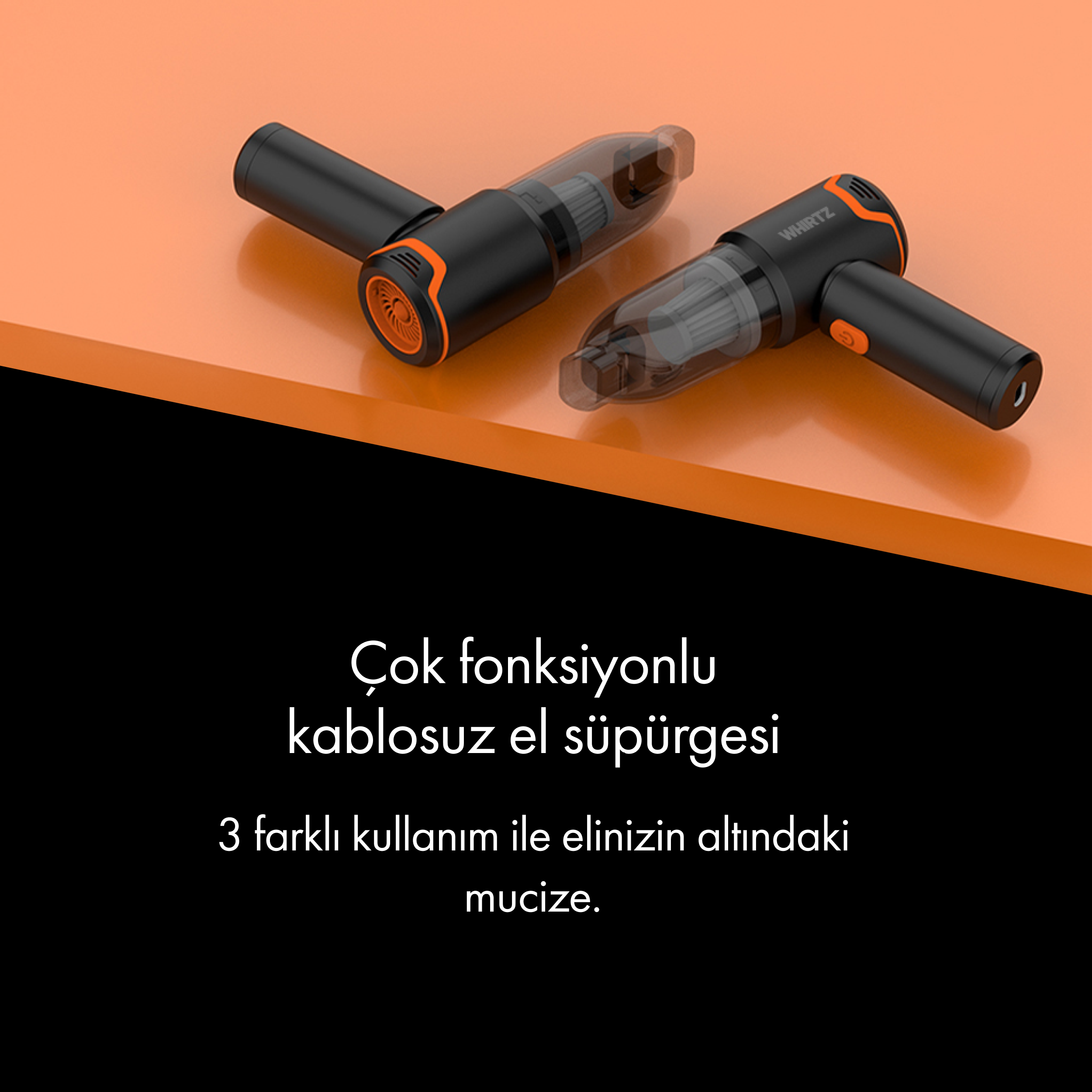 Turuncu yüzeyde iki adet siyah ve turuncu kablosuz el süpürgesi.