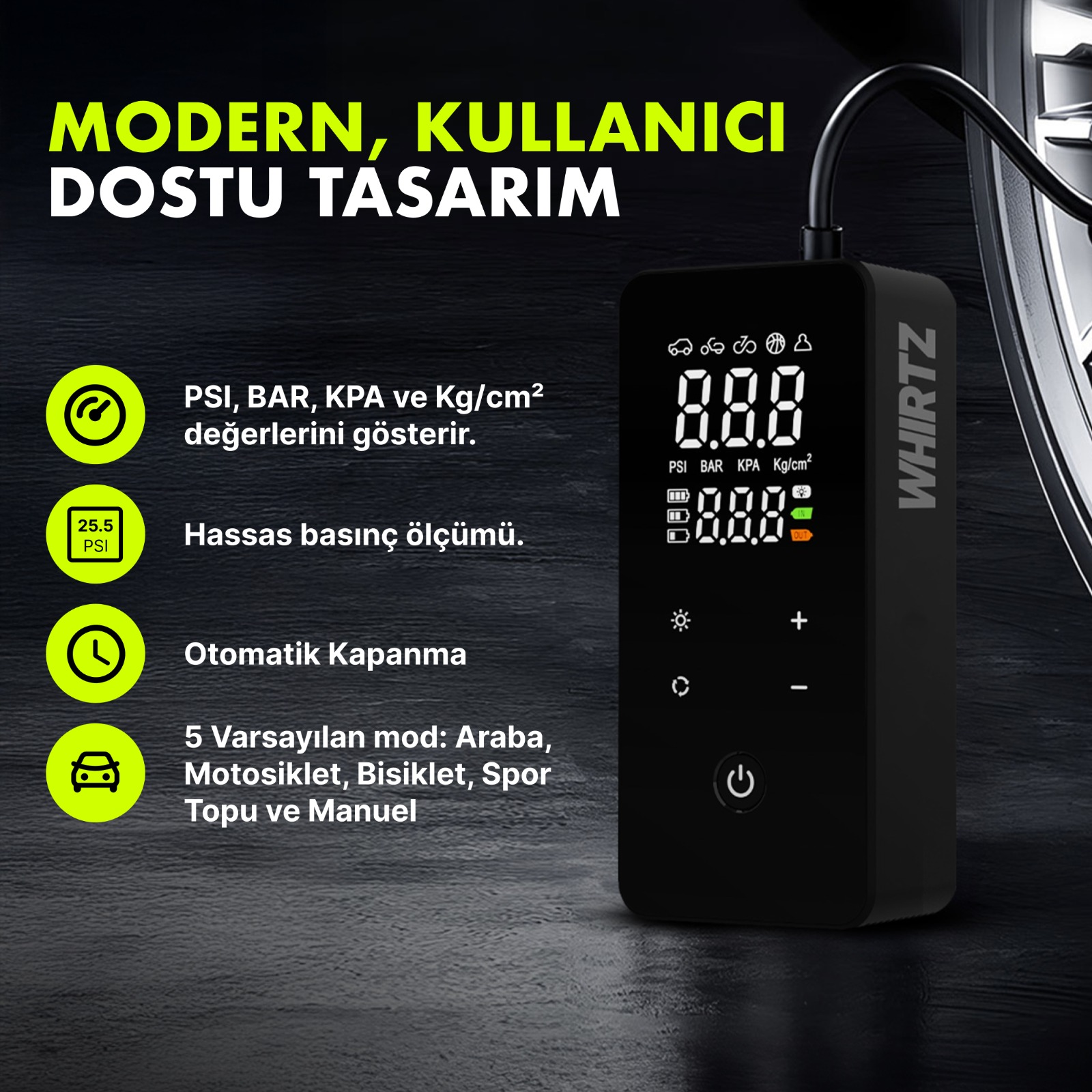 Siyah dijital lastik şişirme cihazı PSI, BAR, KPA, Kg/cm² gösterir. Otomatik kapanma ve modları var.