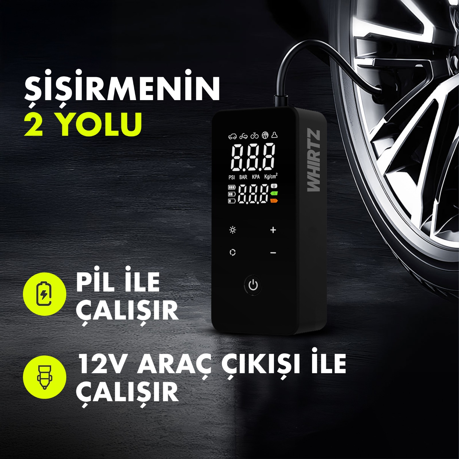 Ekranlı siyah lastik şişirici, otomobil lastiğinin yanında.