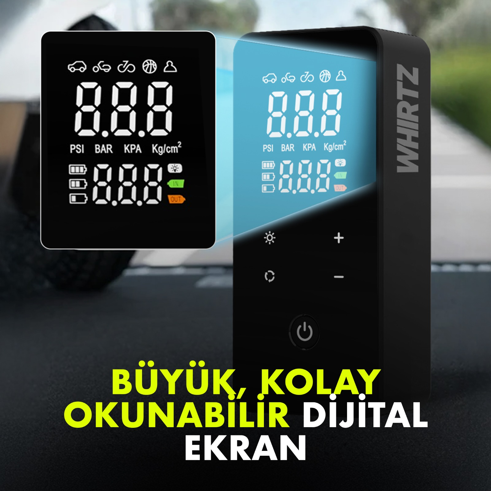 Büyük, kolay okunabilir dijital ekrana sahip taşınabilir hava kompresörü.
