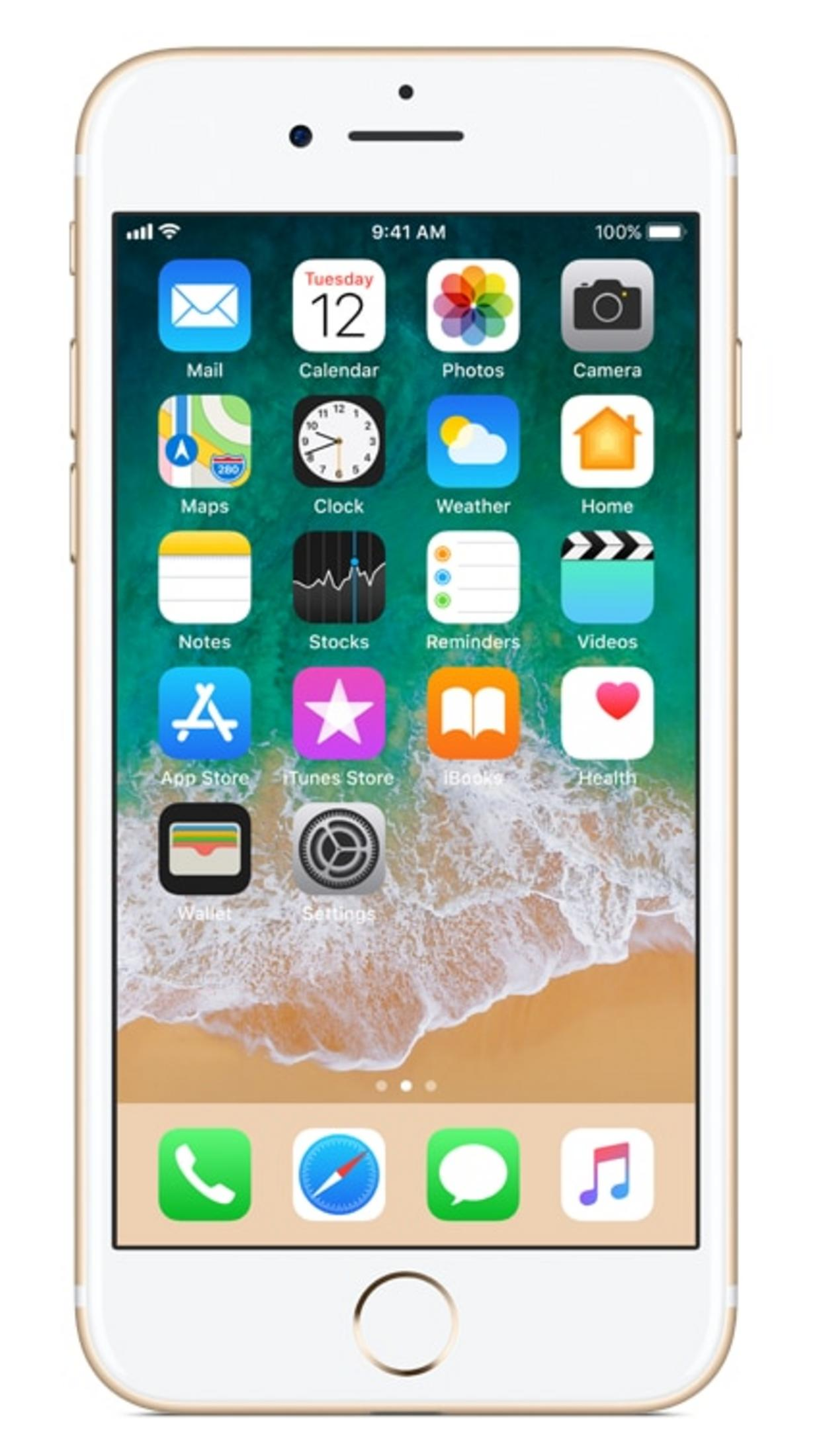 Złoty iPhone z ikonami aplikacji i tapetą z falami.