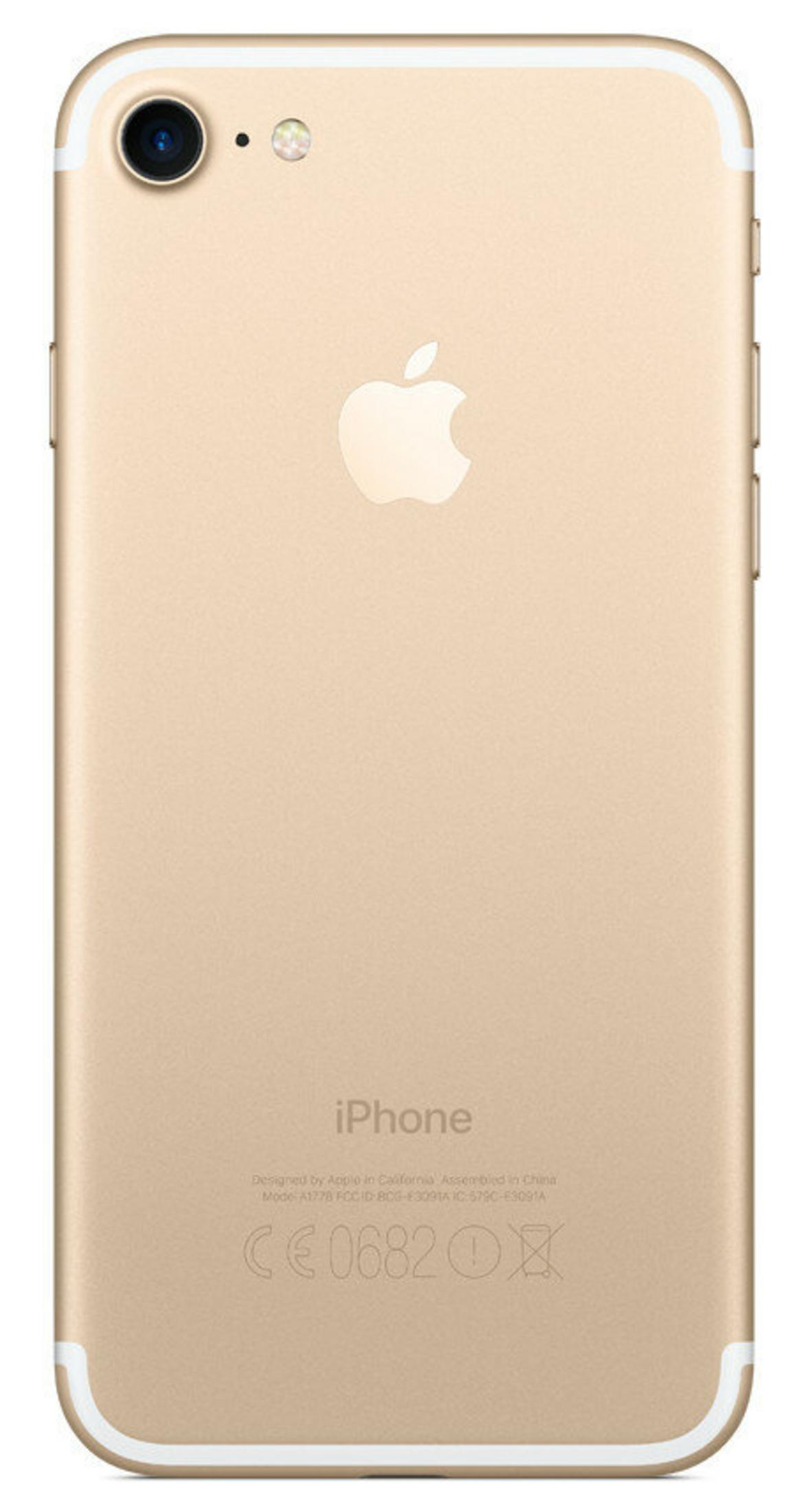 Złoty iPhone z logo Apple, aparatem i tekstem z tyłu.