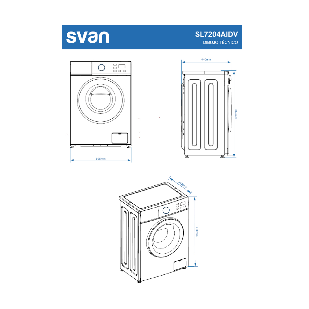 Dibujo técnico de una lavadora con dimensiones y logo Svan.