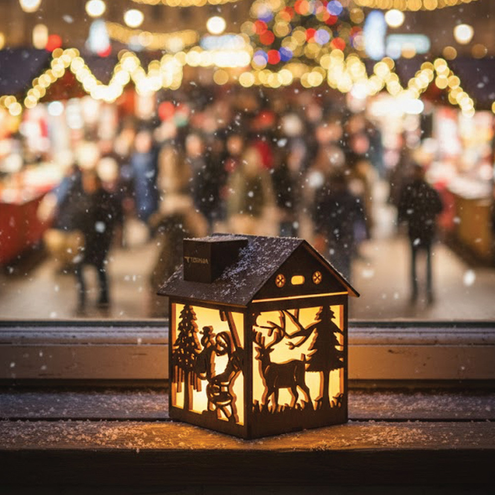 Santa ve geyik kesimli ahşap Noel feneri pencere pervazında duruyor. Kar yağıyor.