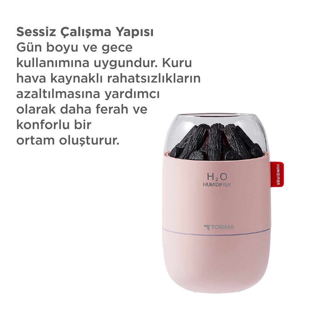 Kömür dekorlu, H2O HUMIDIFIER yazılı pembe nemlendirici.