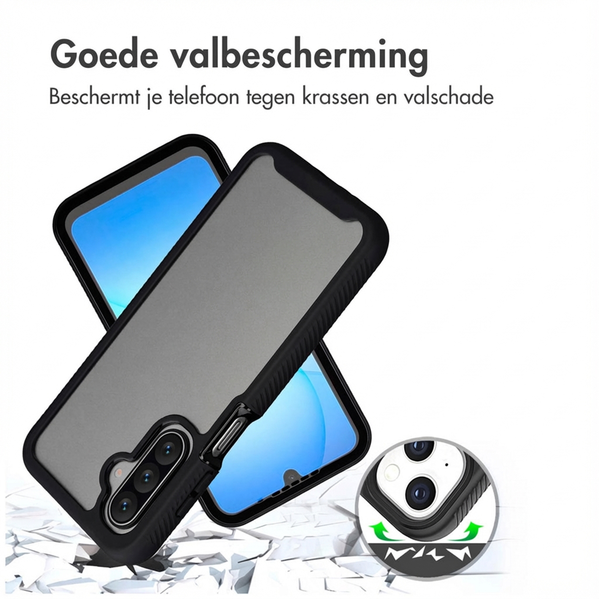 Black phone case with a transparent back, lying on a shattered surface.