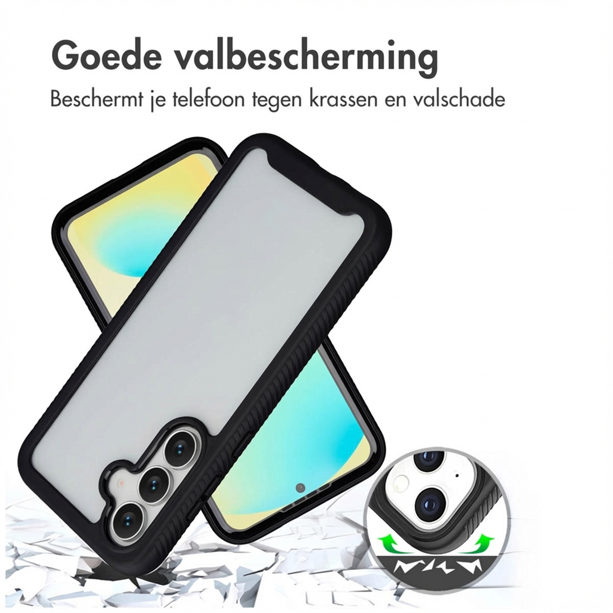 Una cover nera per telefono con retro trasparente giace su bianco frantumato.