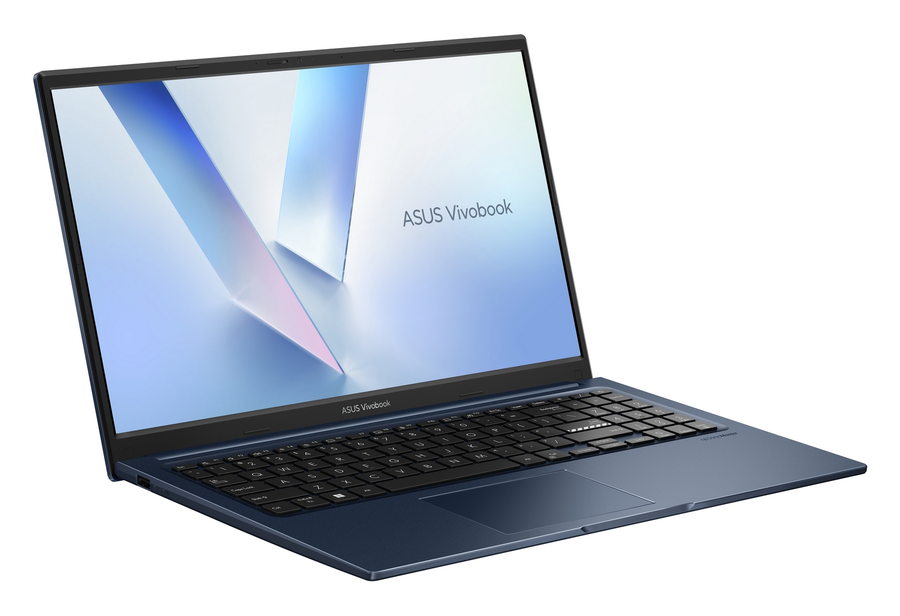Un laptop ASUS Vivobook blu con lo schermo aperto che mostra un motivo astratto.