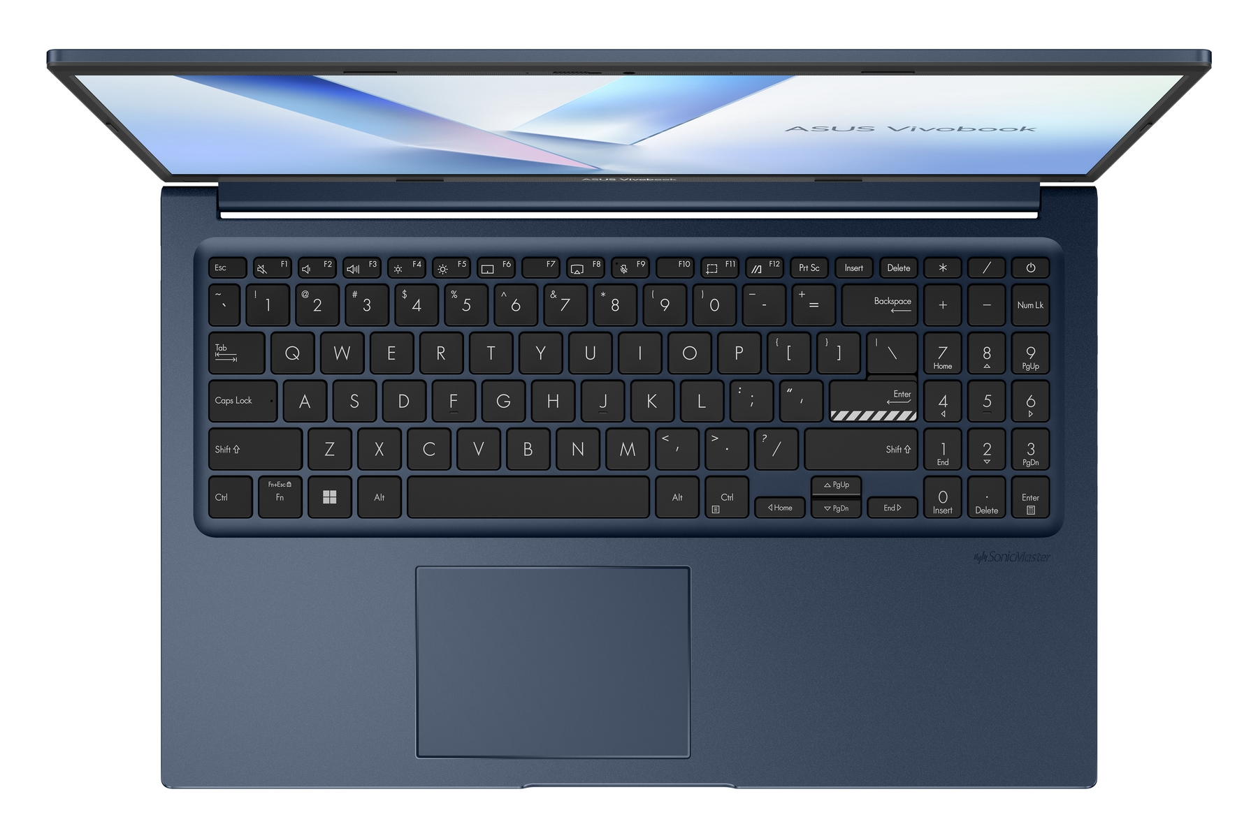 Un laptop ASUS Vivobook blu scuro aperto, che mostra tastiera e touchpad.