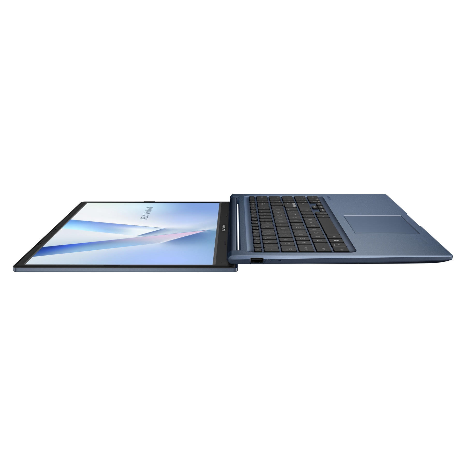 Un laptop Asus Zenbook blu è aperto, tastiera e trackpad visibili.
