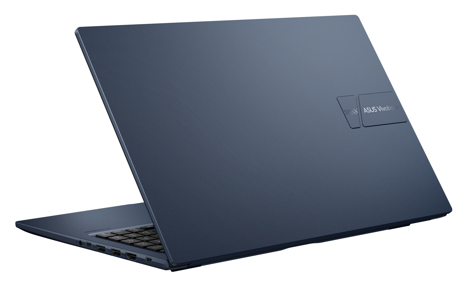 Un laptop chiuso, blu scuro con il logo ASUS Vivobook sul coperchio.