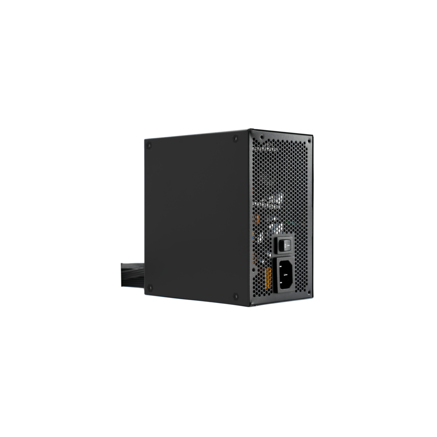 Czarny zasilacz z kratką wentylatora, przełącznikiem i złączem zasilania.