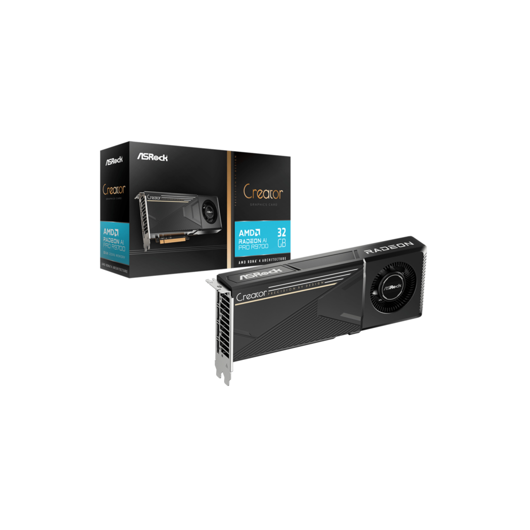 Karta graficzna ASRock Creator AMD Radeon AI PRO R9700 i pudełko.