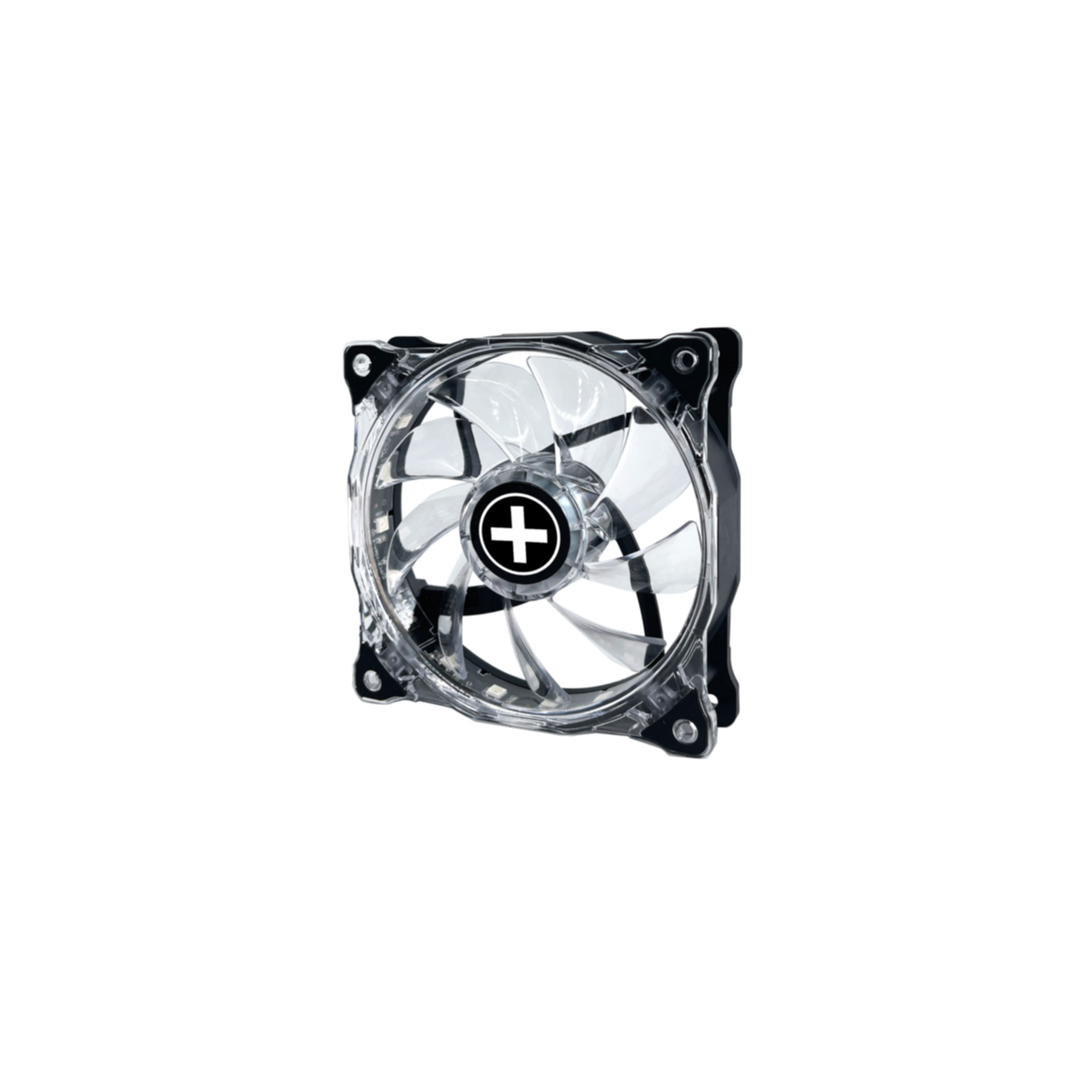A clear computer fan with a black frame and a white cross on a black circle.