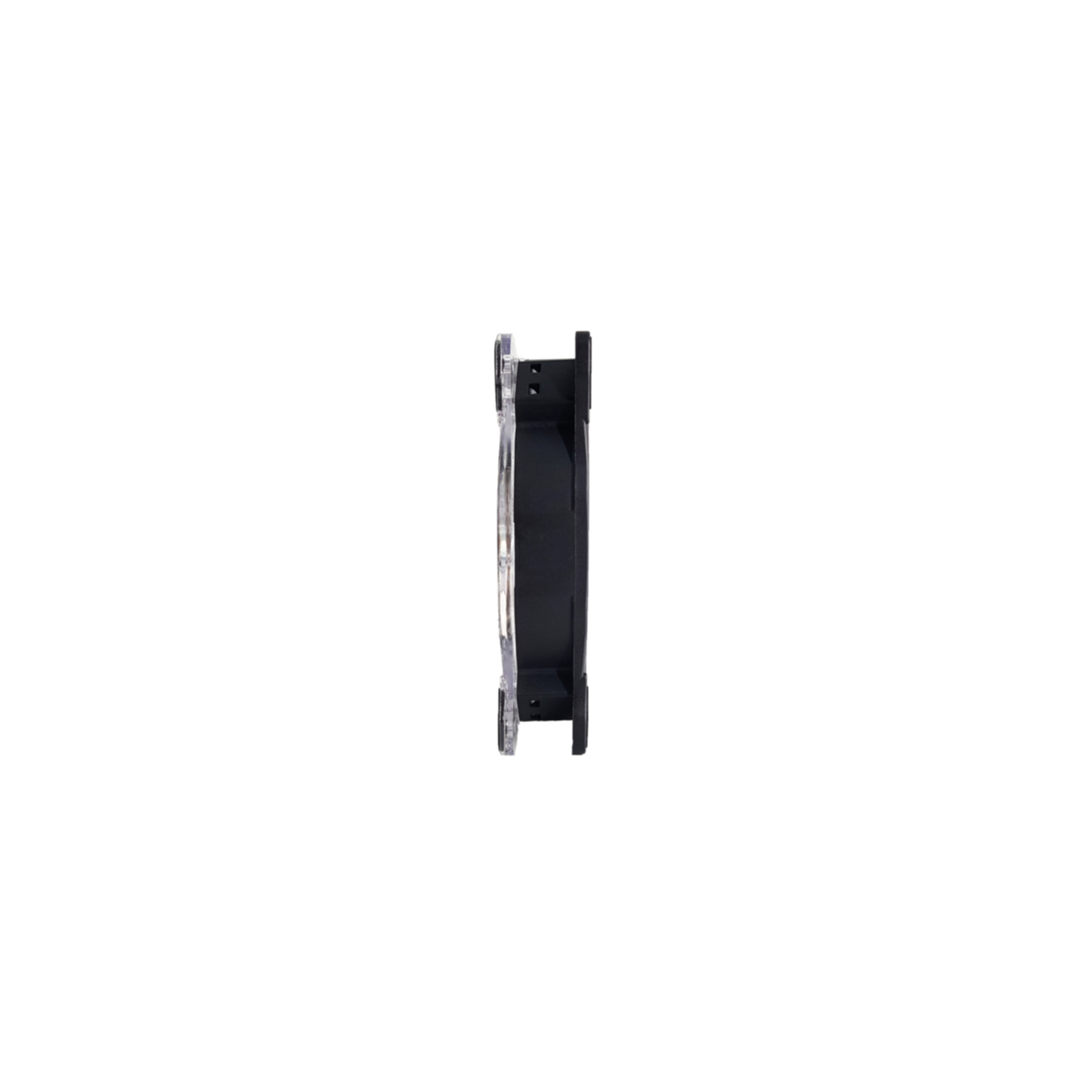 Black fan with clear frame and blades, side view.