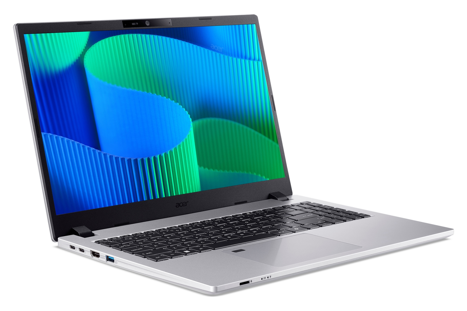 Laptop Acer argento aperto, mostra tastiera e schermo con sfondo astratto blu e verde.