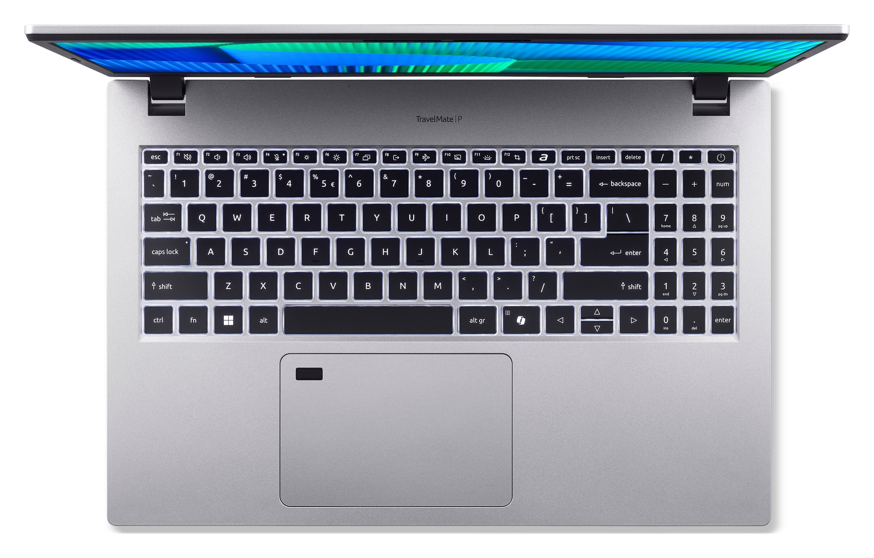 Un laptop argentato con il coperchio aperto e tastiera illuminata.
