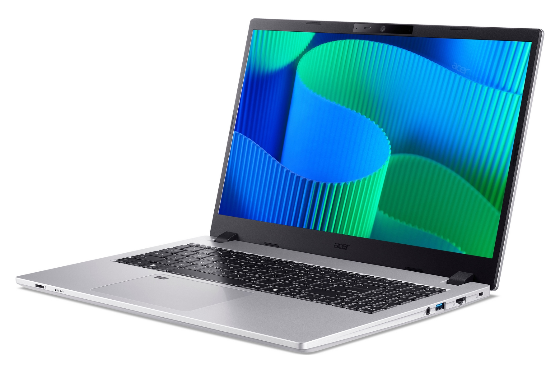 Un laptop Acer argentato con uno sfondo blu e verde sullo schermo.