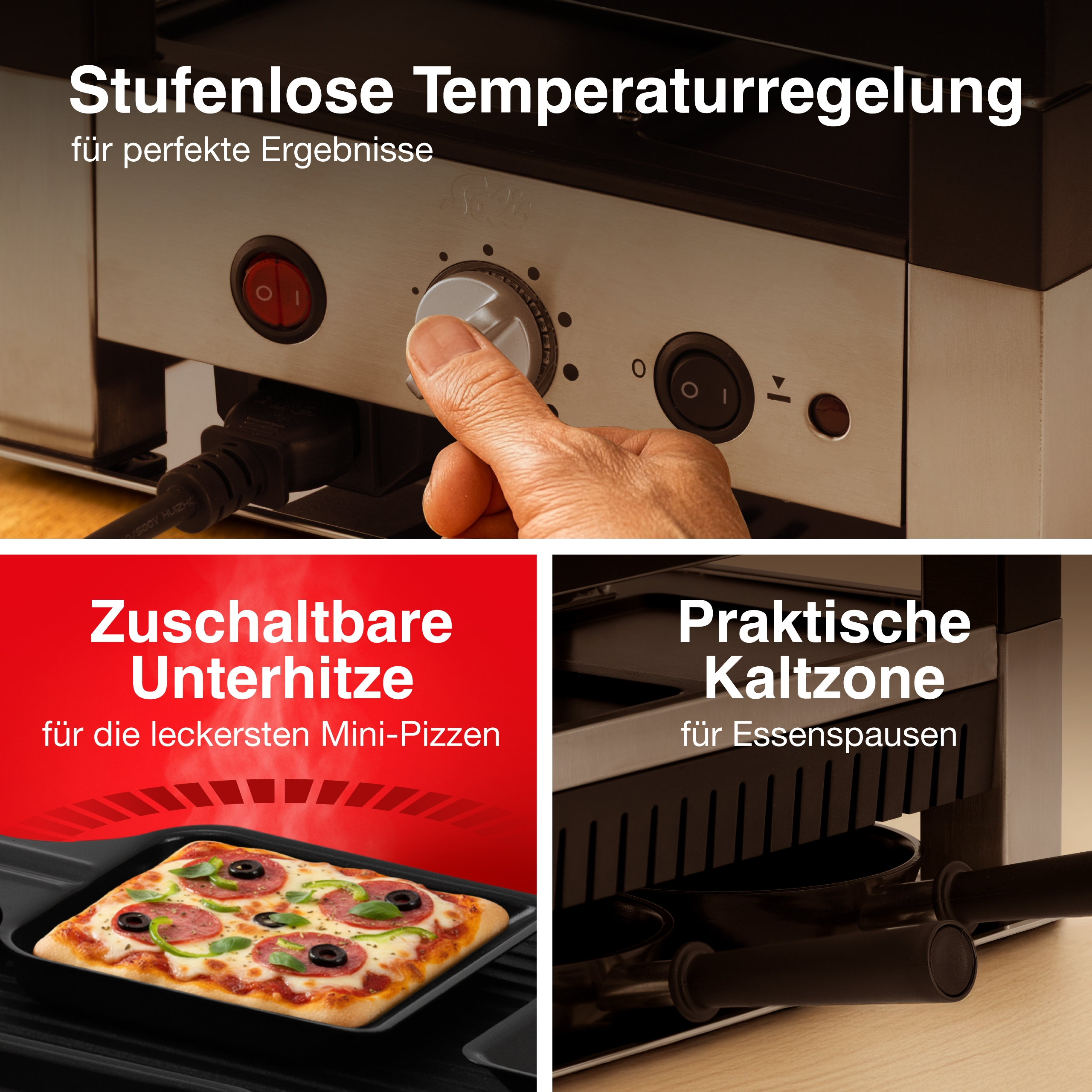 Un dispositivo con controllo della temperatura, pizza e zona fredda.