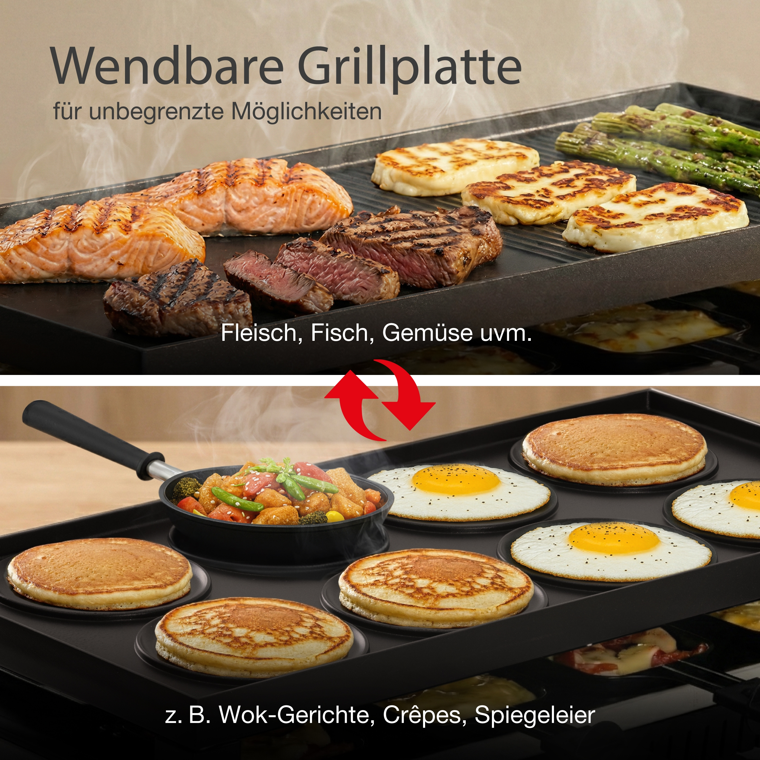 Sopra: Griglia con salmone, bistecca, formaggio, asparagi. Sotto: Padella con verdure wok, pancake, uova fritte.