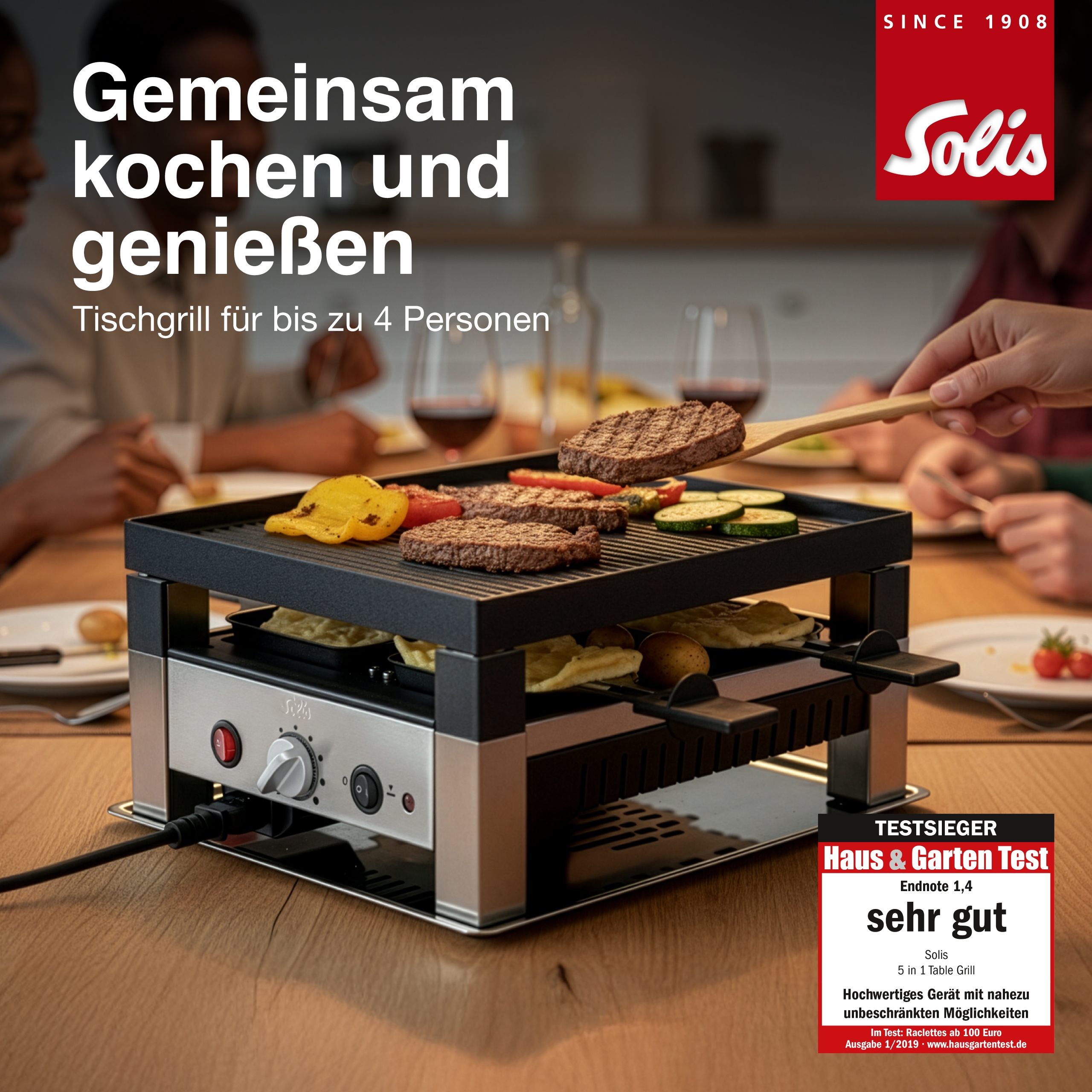 Ein Tischgrill von Solis mit Burgern, Gemüse und Raclette-Pfännchen.